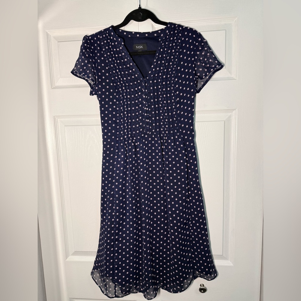 MSK Navy and Light Pink Polka Dot Midi Dress
